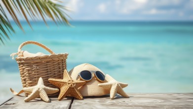 Summer holiday concept poster with starfish, sunglasses, and hat, symbolizing relaxation, joy, and