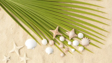 Background with seashells arranged in decorative coastal style, symbolizing summer, ocean beauty,