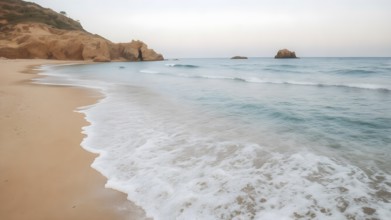 Sandy beach art print featuring ocean tranquility, a decorative seascape poster celebrating