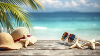 Summer holiday concept poster with starfish, sunglasses, and hat, symbolizing relaxation, joy, and