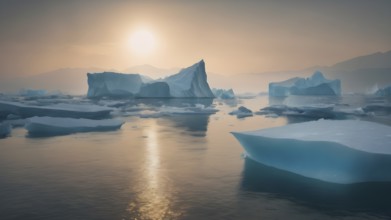 Melting iceberg in sea art print, symbolic wall decor reflecting climate change, nature's