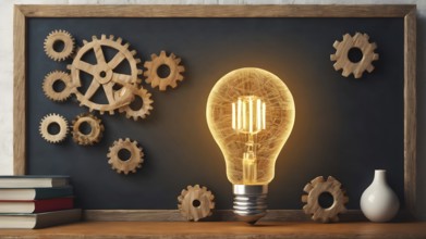 Light bulb with gears concept poster symbolizing creativity, invention, innovation, mechanical