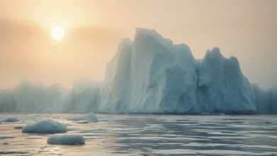 Melting iceberg in sea art print, symbolic wall decor reflecting climate change, nature's