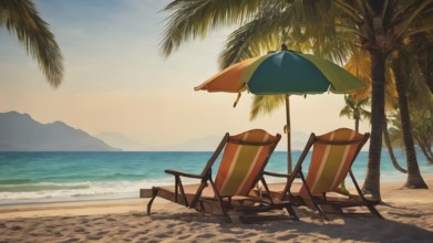 Pair of beach chairs seaside art print, holiday concept poster symbolizing companionship,