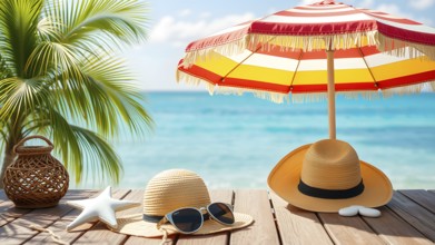 Summer holiday concept poster with starfish, sunglasses, and hat, symbolizing relaxation, joy, and
