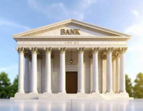 Bank building facade with classical columns, symbolizing finance, economic stability, investment