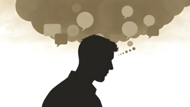 Thinking man silhouette with speech bubble concept, symbolizing dialogue, reflection, creative