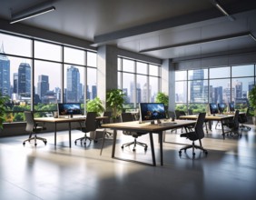 Modern coworking space with laptops, coffee cups, and plants in daylight, reflecting creativity,