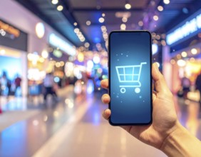 Hand holding smartphone glowing shopping cart icon poster symbolizing online shopping, e-commerce,