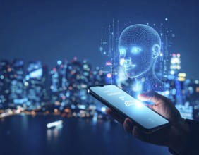 Futuristic AI chatbot hologram symbolizing digital communication, smart assistance, and innovative