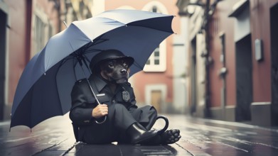 Conceptual man with umbrella rain art poster, symbolizing resilience, strength, and motivation
