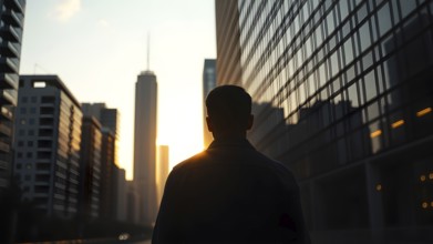 Man silhouette with modern cityscape art print, symbolizing reflection, ambition, and journeys