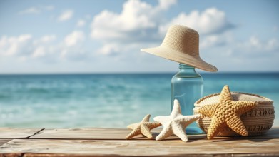 Summer holiday concept poster with starfish, sunglasses, and hat, symbolizing relaxation, joy, and