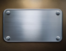 Metal plaque with a brush texture and screws. Shiny brushed metal plate with screws, AI generated