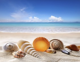 Composition with beach water, sand, starfish and seashells. Summer vacations concept, AI generated