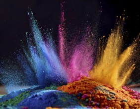 A colorful explosion powder on black background.. Multicolored powder explosion, AI generated