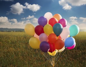 Bunch of balloons flying in the blue sky. The concept of a holiday, congratulations, gifts, events,