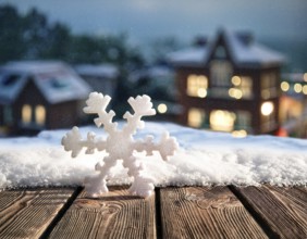 Vintage wooden table in front of a blurry winter holiday background, AI generated