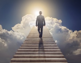 Man climbing up stairs towards an open door in the sky with clouds. Ladder of Success. AI generated