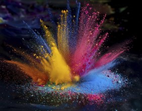 A colorful explosion powder on black background.. Multicolored powder explosion, AI generated