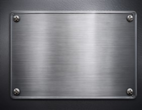 Metal plaque with a brush texture and screws. Shiny brushed metal plate with screws, AI generated