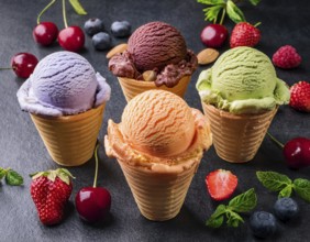 Variety of ice cream portions with different flavor, AI generated