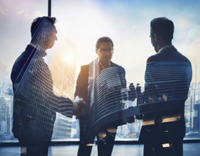 Double exposure image of business people with a modern city. Concept of teamwork, AI generated