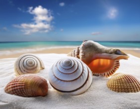 Composition with beach water, sand, starfish and seashells. Summer vacations concept, AI generated