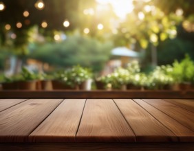 Beautiful blurred spring background nature with blooming flowers behind wooden planks, AI generated