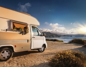 Holiday van with luggage on beach, space for text. Summer vacation trip, AI generated