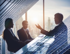 Double exposure image of business people with a modern city. Concept of teamwork, AI generated