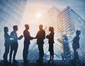 Double exposure image of business people with a modern city. Concept of teamwork, AI generated