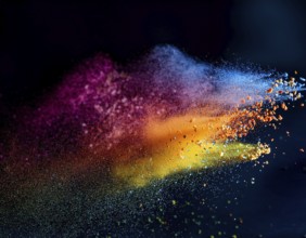 A colorful explosion powder on black background.. Multicolored powder explosion, AI generated