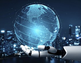 Futuristic AI chatbot hologram symbolizing digital communication, smart assistance, and innovative