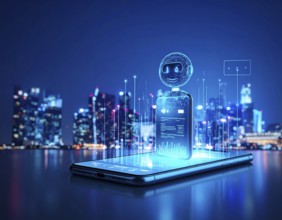Futuristic AI chatbot hologram symbolizing digital communication, smart assistance, and innovative
