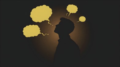 Thinking man silhouette with speech bubble concept, symbolizing dialogue, reflection, creative