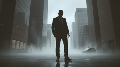 Man silhouette with modern cityscape art print, symbolizing reflection, ambition, and journeys