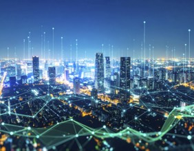 A futuristic smart city skyline illuminated with neon lights, symbolizing technology, innovation,