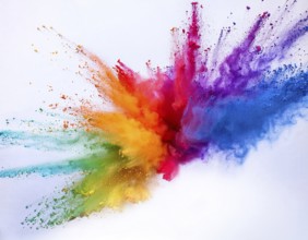 A colorful explosion powder on white background.. Multicolored powder explosion, AI generated
