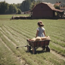 Little caucasian girl pulling a cart.. concept of hard work, challenge and determination. AI