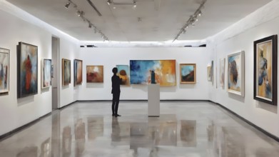 People look paintings on exhibition in an art gallery, AI generated
