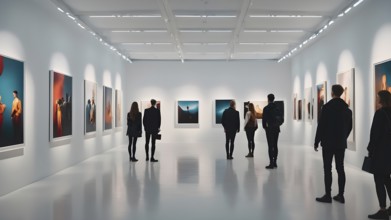 People look paintings on exhibition in an art gallery, AI generated