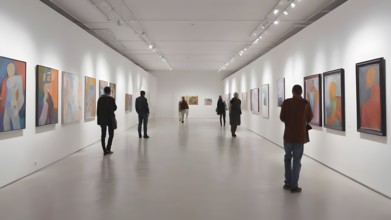 People look paintings on exhibition in an art gallery, AI generated
