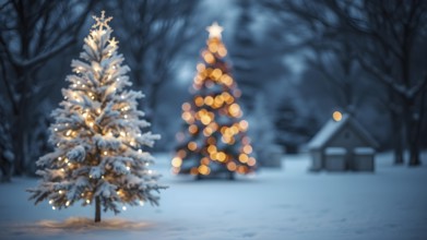 Winter view with Christmas tree in light. Christmas and New Year background. AI generated image