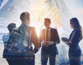 Double exposure image of business people with a modern city. Concept of teamwork, AI generated