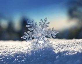 Macro photo of real snow crystal on glass surface. This is small snowflake with unusual pattern, AI