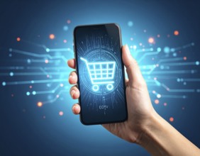 Hand holding smartphone glowing shopping cart icon poster symbolizing online shopping, e-commerce,