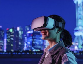 A VR headset user immersed in gaming and metaverse, representing digital entertainment,
