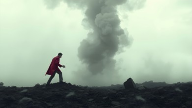 Concept risk taking, safety, challenge, concentration. Surreal adventure, epic scene decision to