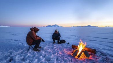 Men around camp fire in on ice shield in the arctic, AI generated